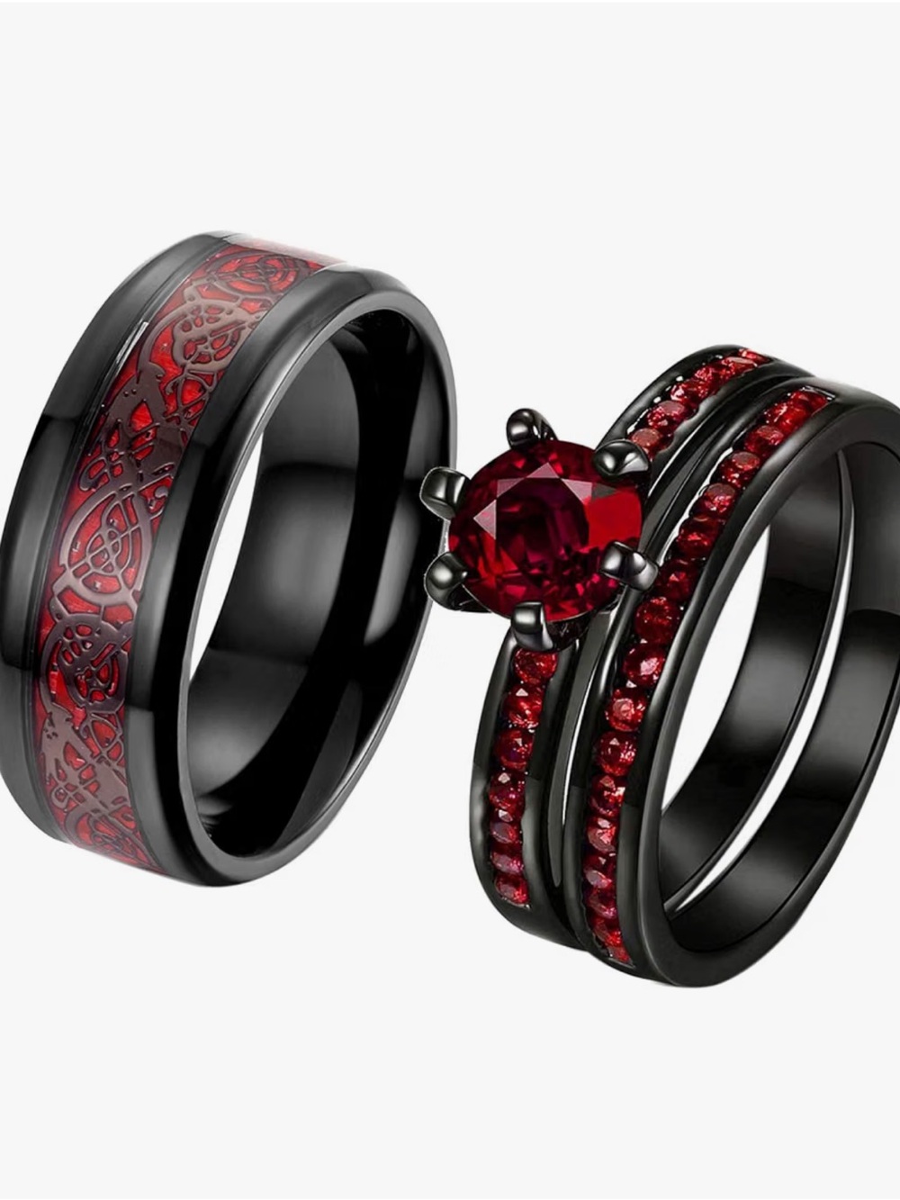 Black and Red Blackened Steel Wedding Ring Set with Red Gemstone